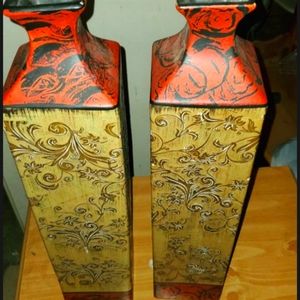 1 Orange, Green & Black Metal Vases